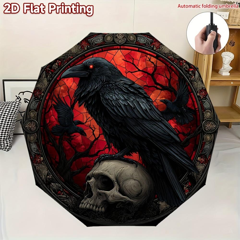1pc Gothic Raven & Skull Umbrella with Automatic Opening Mechanism - 8-Rib Compact Folding Design, Red Sunset & Raven Print, D Iron&8K