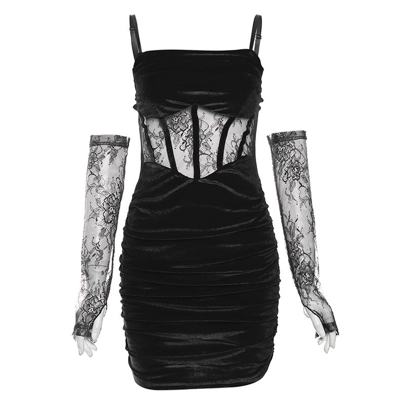 

Weird Puss Sexy Velvet Spaghetti Straps Dress Black L