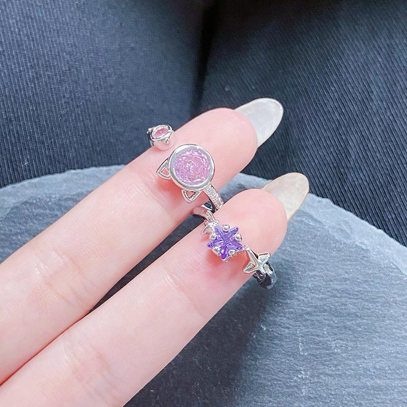 Kitten Star Inlaid Zir*****Pen Ring Niche Light Luxury High Sense Simple Stacking Wearing Colored Treasure Ring Woman