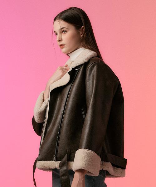 Koleat Women Cracked Tumble Oversized Shearling Fleece Jacket Brown [Rider Ver.]