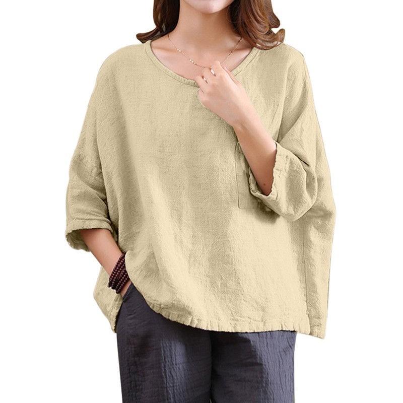 Vintage Women 34 Sleeve O Neck Cotton Linen Loose Casual Shirt Top Blouse