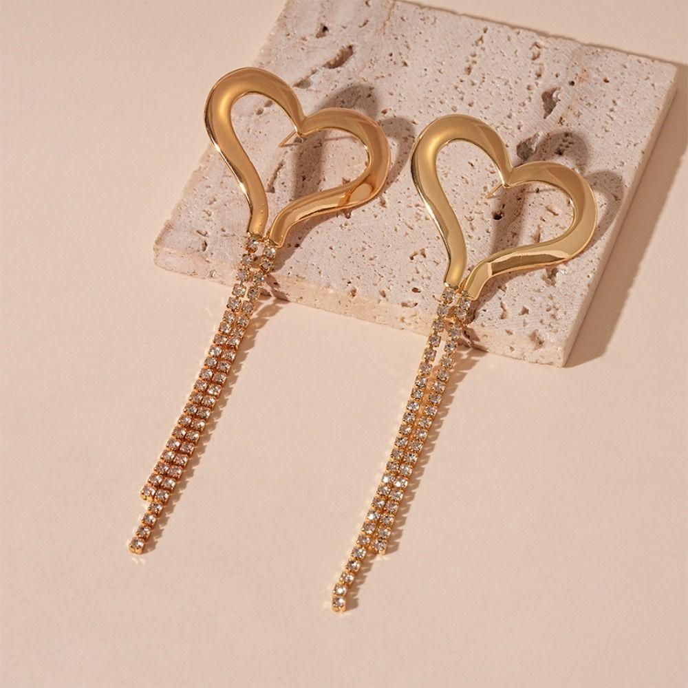 Temperament Heart Earrings Rhinestone Drop Earrings Fashion Long Tassel Earrings  Wedding