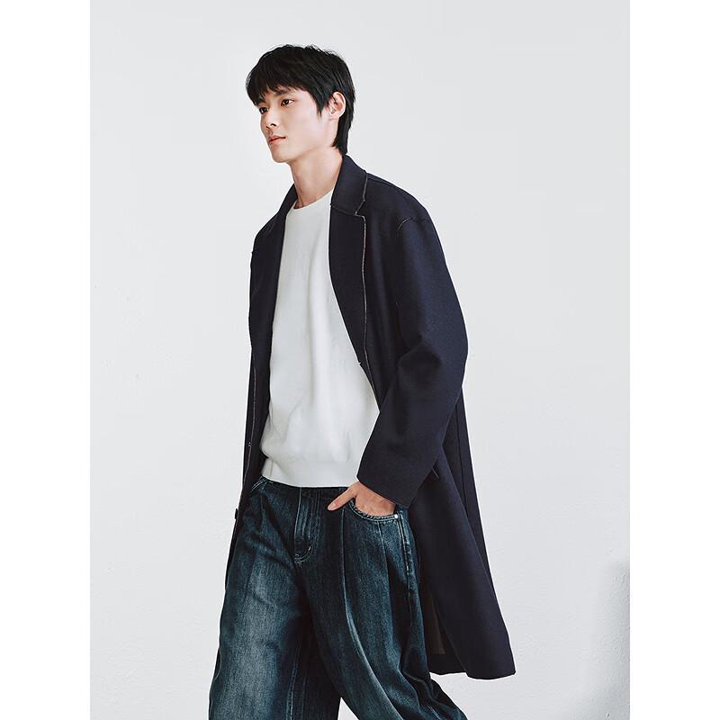 GXG Men's Navy Single-Breasted Chesterfield Wool Long Coat