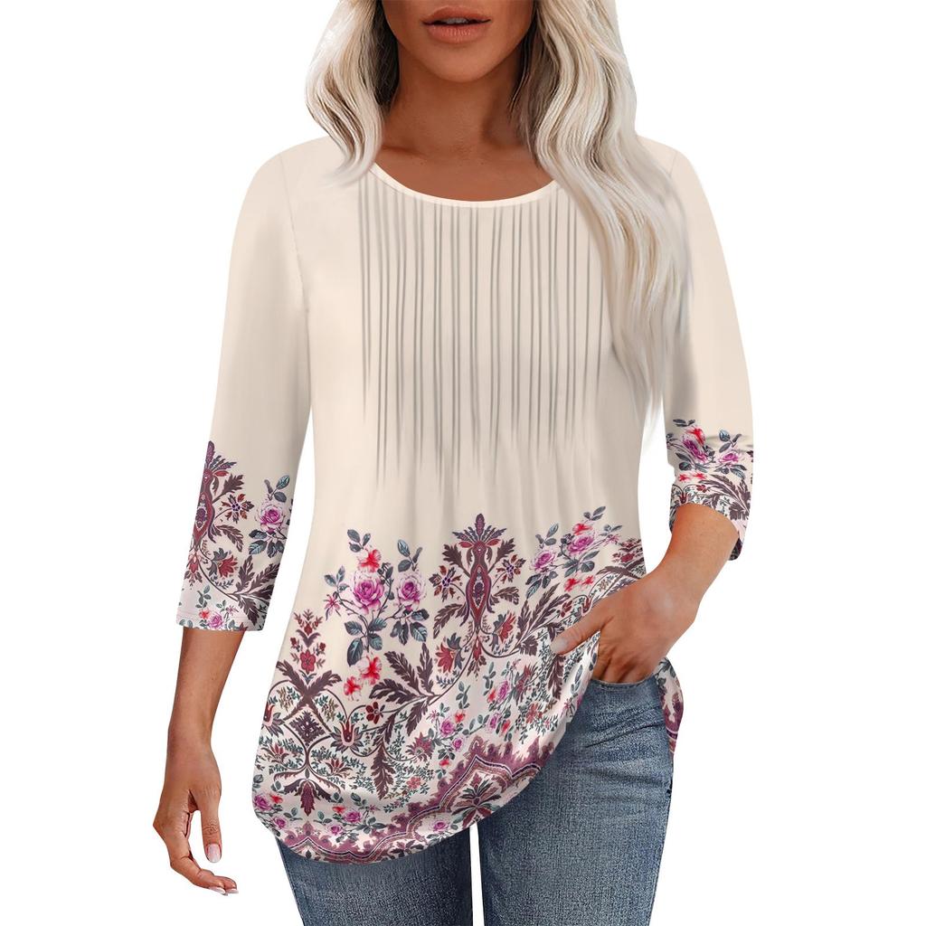 Women's Fashionable Casual Pleated Round Neck Casual Floral Print Seven Quarter Sleeved T-shirt Top
