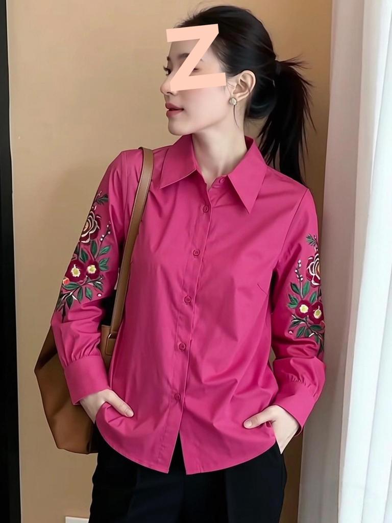 Women's Retro Lapel Embroidered Long Sleeve Slimming Shirt - Spring New Arrival, Loose Waist-Cinching Commute Top