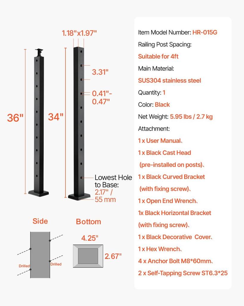 Cable Railing Post 36x1x2 In with 30° Angled Holes 1JZLGZXHS91402OS1001V0