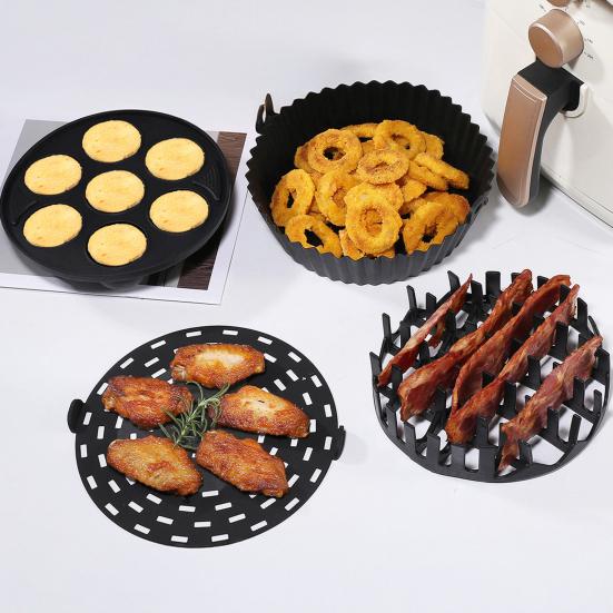 Yousheng 4Pcs Round Air Fryer Silicone Baking Tray Set Anti-Stick Air Fryer Pan Hot Dog Rack 7 Cavity Cake Mold Gift for Cooking Enthusiasts