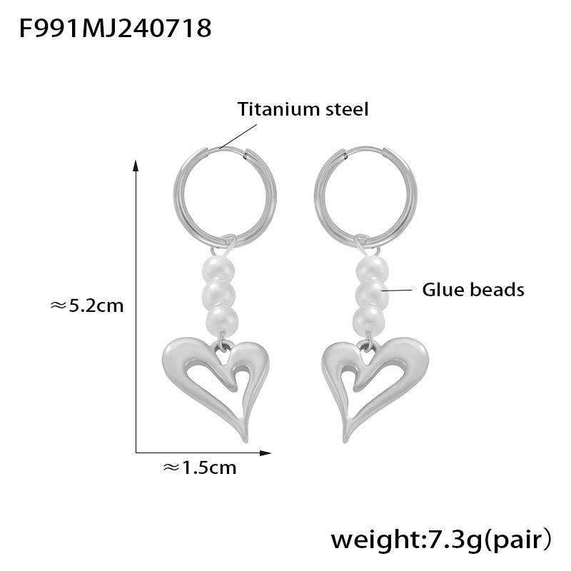 Titanium Steel 18k Gold Plated Heart Earrings with Cross Tassel and Imitation Pearl