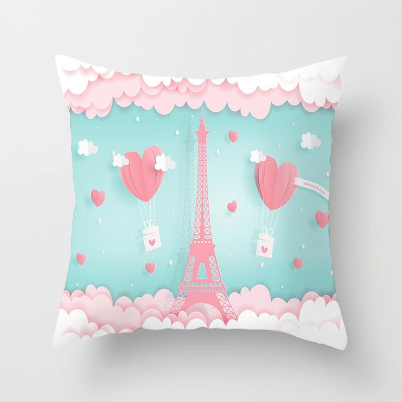 Home Decor Eiffel Tower & Balloon Paris Themed Pillow Covers Pattern Cushion Cover Suitable for Sofa Bedroom Car Pillow Cover