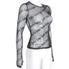 Sexy Women Mesh T-Shirts See-Through Perspective Tshirt Letter Printed O Neck Transparent Long Sleeve T Shirt Tops Women