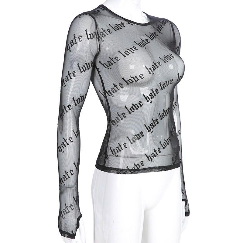 Sexy Women Mesh T-Shirts See-Through Perspective Tshirt Letter Printed O Neck Transparent Long Sleeve T Shirt Tops Women
