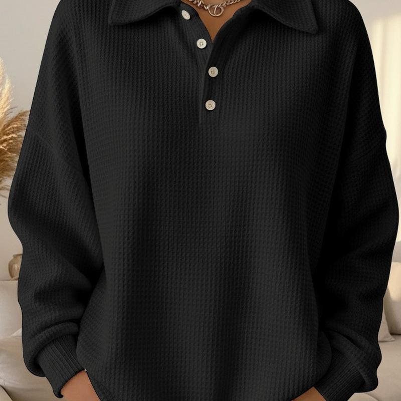 Women's Polo Collar Waffle Knit Long Sleeve Top Loose Fit Casual Pullover