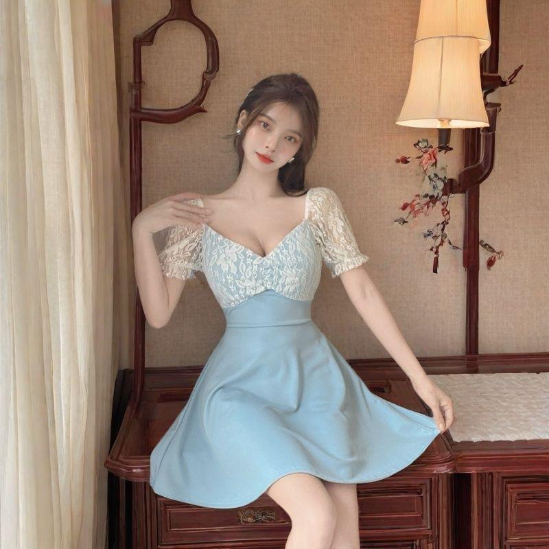 Elegant Low-Cut Lace Waist-Cinched Short-Sleeve Nightclub Dress Extra Large синий