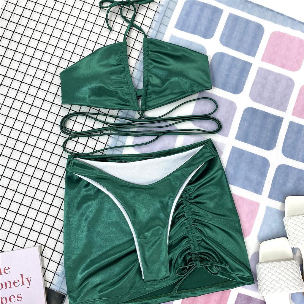 Women's Sexy Lace-Up Glossy Three-Piece Split Bikini Set