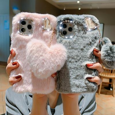 Cute Warm Winter Plush Fur Love Pendant Case For iPhone 14 13 12 Pro Max 11 X XR 8 7 Plus/Samsung S21 S20 Fe A12 A32 A51 A71/Redmi Note10 9s 9T 9 Pro