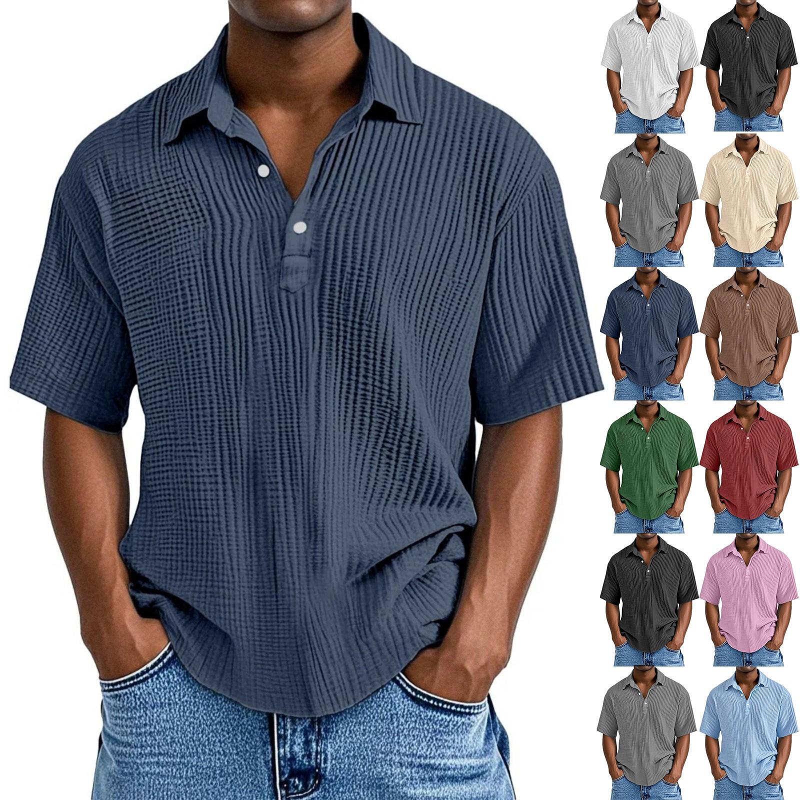 

Men s Casual Short-Sleeve Shirt - Collared Button-Down Solid Color, Breathable & Versatile Stylish Top L бежевий