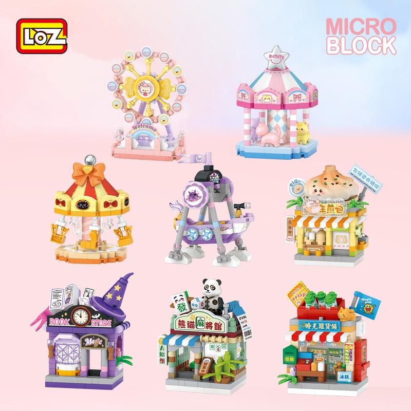 LOZ Panda Pet Restaurant Dessert Coffee Pet Fruit Store Street View Food House Building Blocks Kit Bricks Model Toy