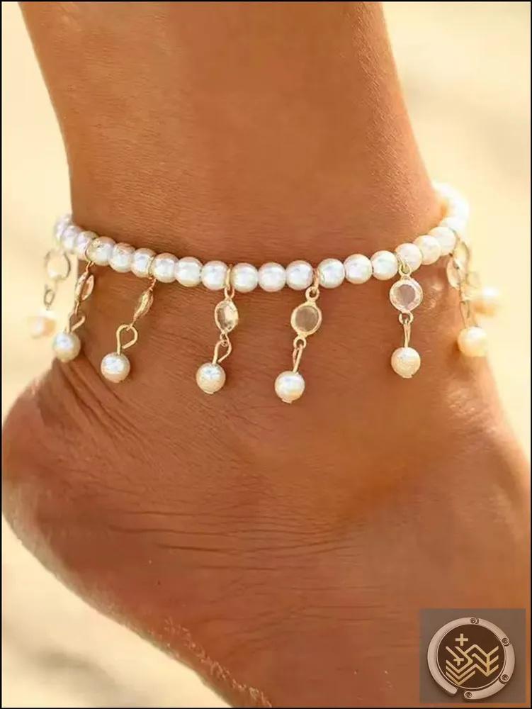 Pearl Beaded Anklet with Hanging Pearl Charms Adjustable Length Lightweight Beach Jewelry for Women and Girls