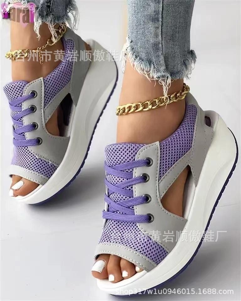 Sandals Women's Summer New Fashion Fish Mouth Sandals Lace-up Wedge Heel Rocking Bottom Sports Sandals