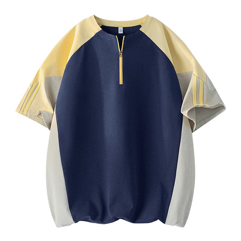 Outdoor Summer Antibacterial, Moisture-absorbing, Quick-drying Sports Short-sleeved T-shirts For Men And Women, Loose Contrasting Color Half-zip Tops