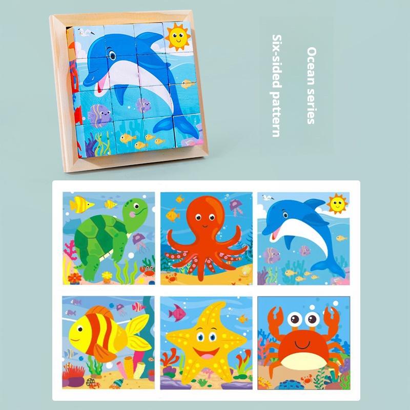Šest stran malované dřevěné puzzle Trojrozměrné puzzle s dopravními zvířaty Stavební bloky Vzdělávací hračka pro rané vzdělávání