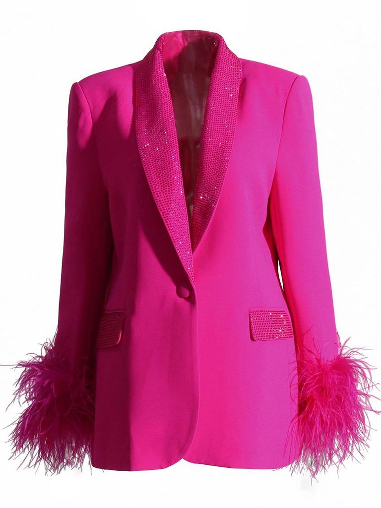 Women's 2025 Korean Style Shawl Collar Jacket with Ostrich Feather Spliced Design