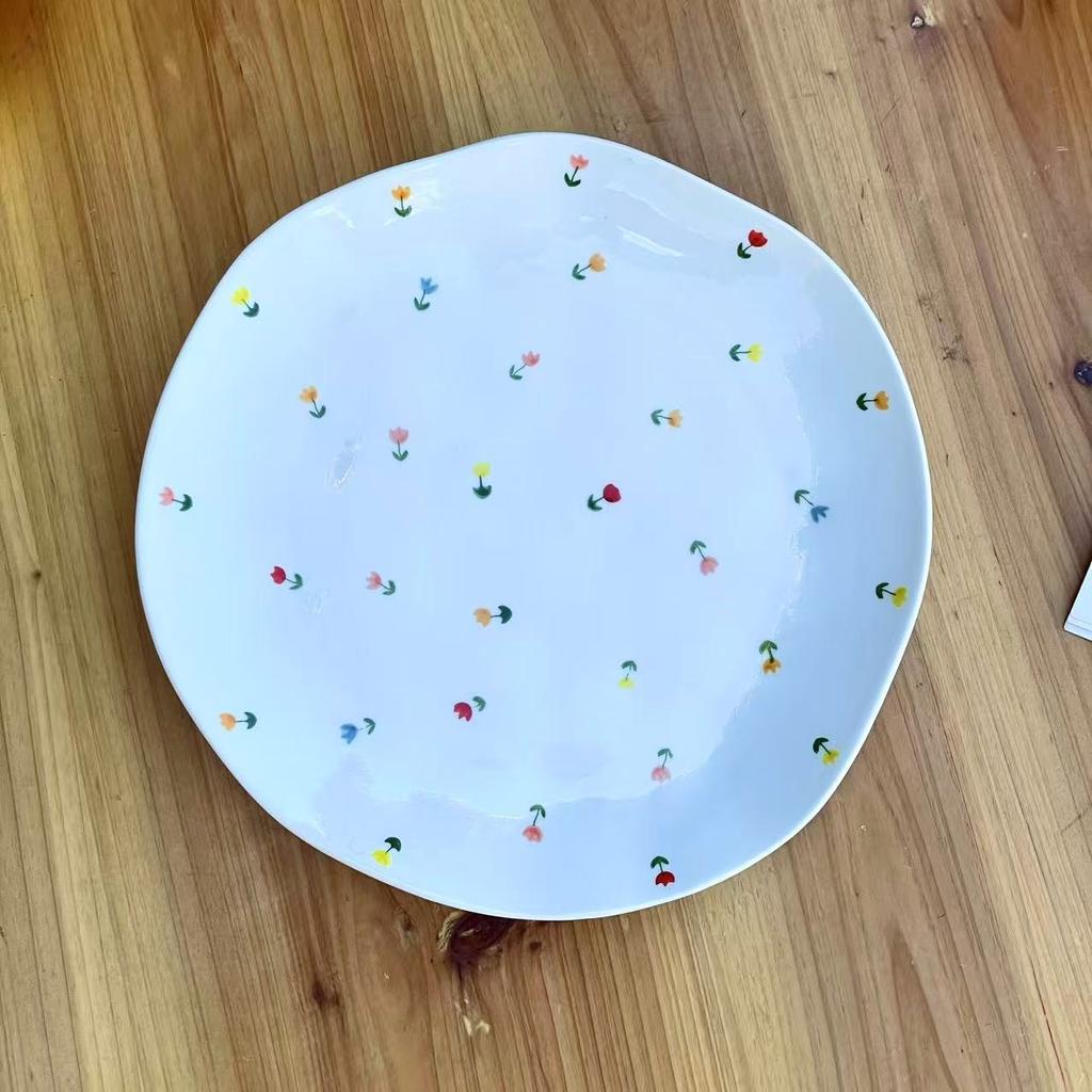 Ins Wind Irregular Floral Hand-squeezed Ceramic Cake Plate, Cute Underglaze Color High-value Dessert Bread Plate Deep Plate