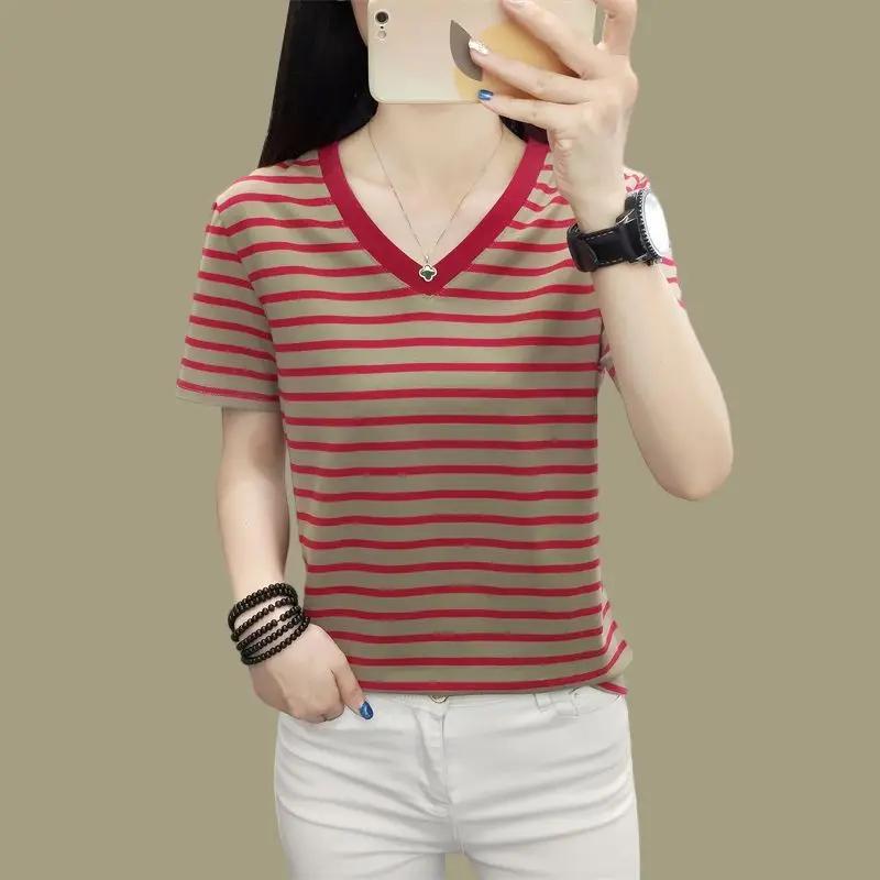 Women's Summer Striped T-shirt Casual V Neck Short Sleeve Slim Fit Top