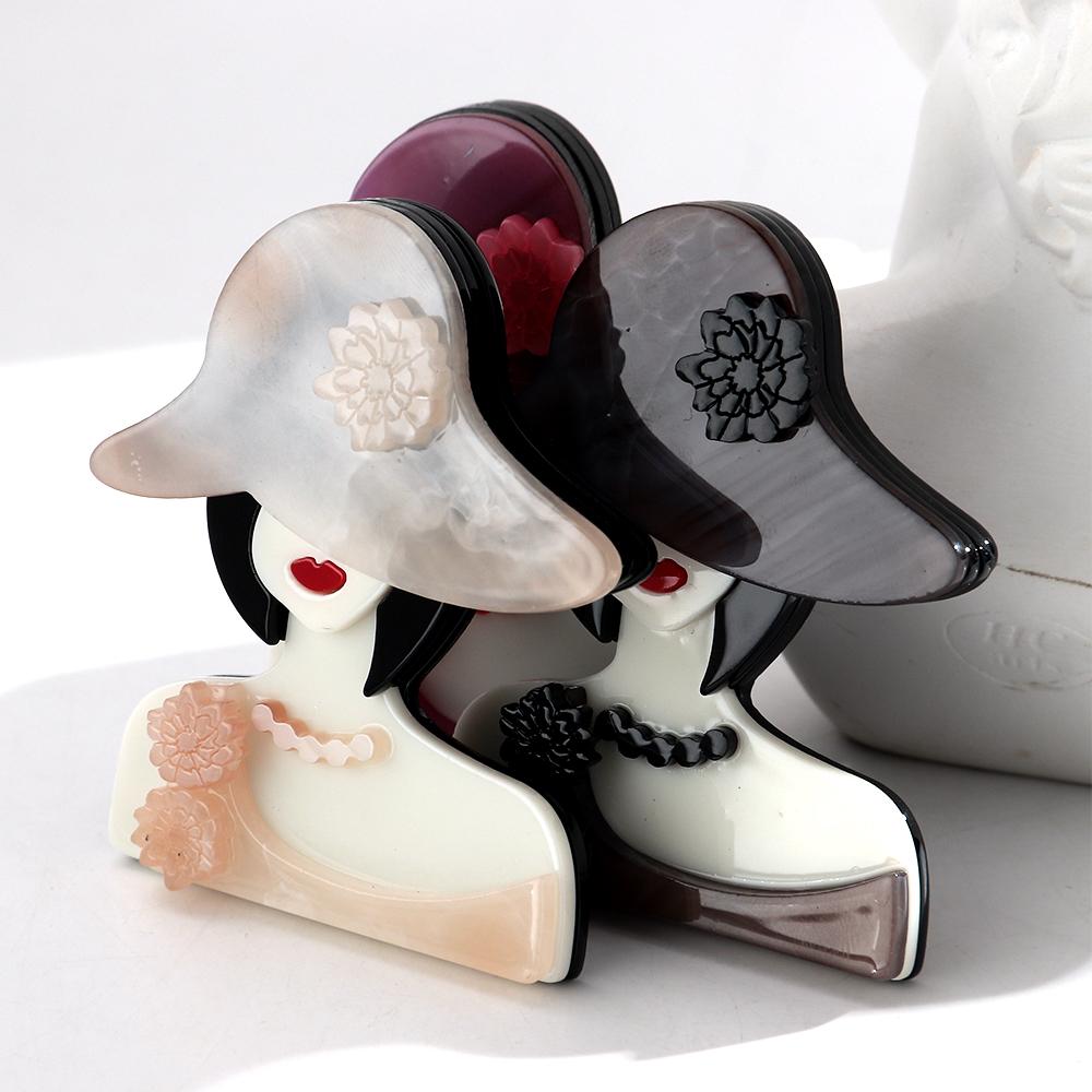 Acrylic Graceful Flower-Hat Lady Figure Brooches for Women Trendy 6-Color Resin Girl Badge Pins Jewelry Clothes Accessories Gift
