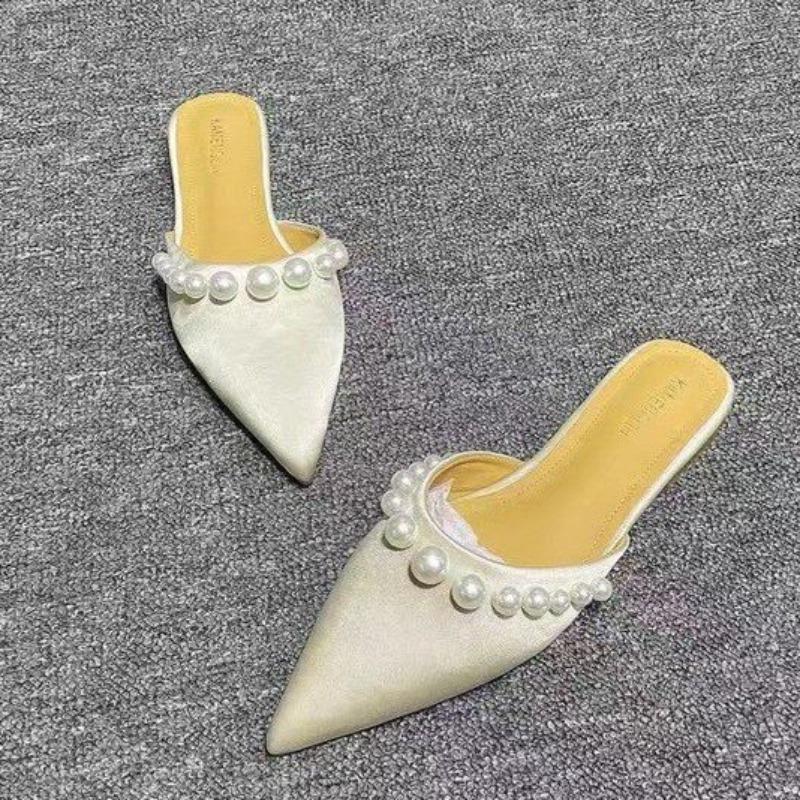 Fashion Baotou Flat Shoes Spring New Style Pointed Head Shallow Mouth Suede Beaded Soft Sole Anti-slip Wear-resistant Slippers