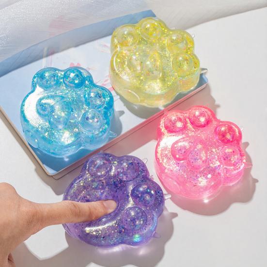 Clear Cat Paw Squeeze Toy Stress Relief Glitter Powder Kitten Paw Sensory Toy Soft Stress Ball Animal Claw Pinch Fidget Toy