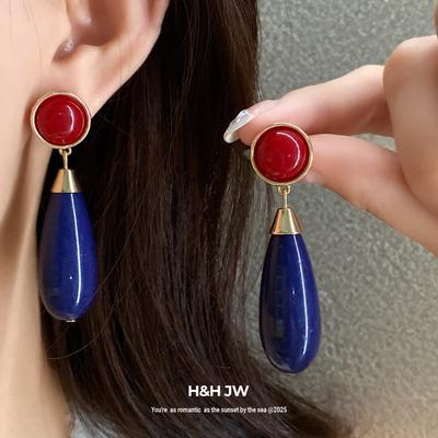 Silver Needle Resin Round Water Drop Pendant Earrings Light Luxury High-end Stud Earrings Medieval Vintage Temperament Earrings Women