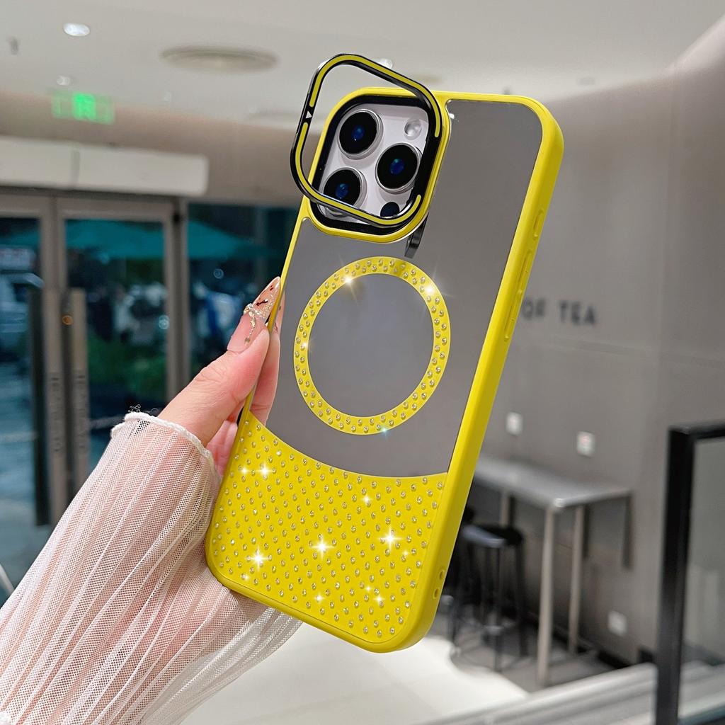 For iPhone 16 Pro Max Magnetic Case Mirror Surface TPU+PC Phone Cover with Lens Frame Kickstand