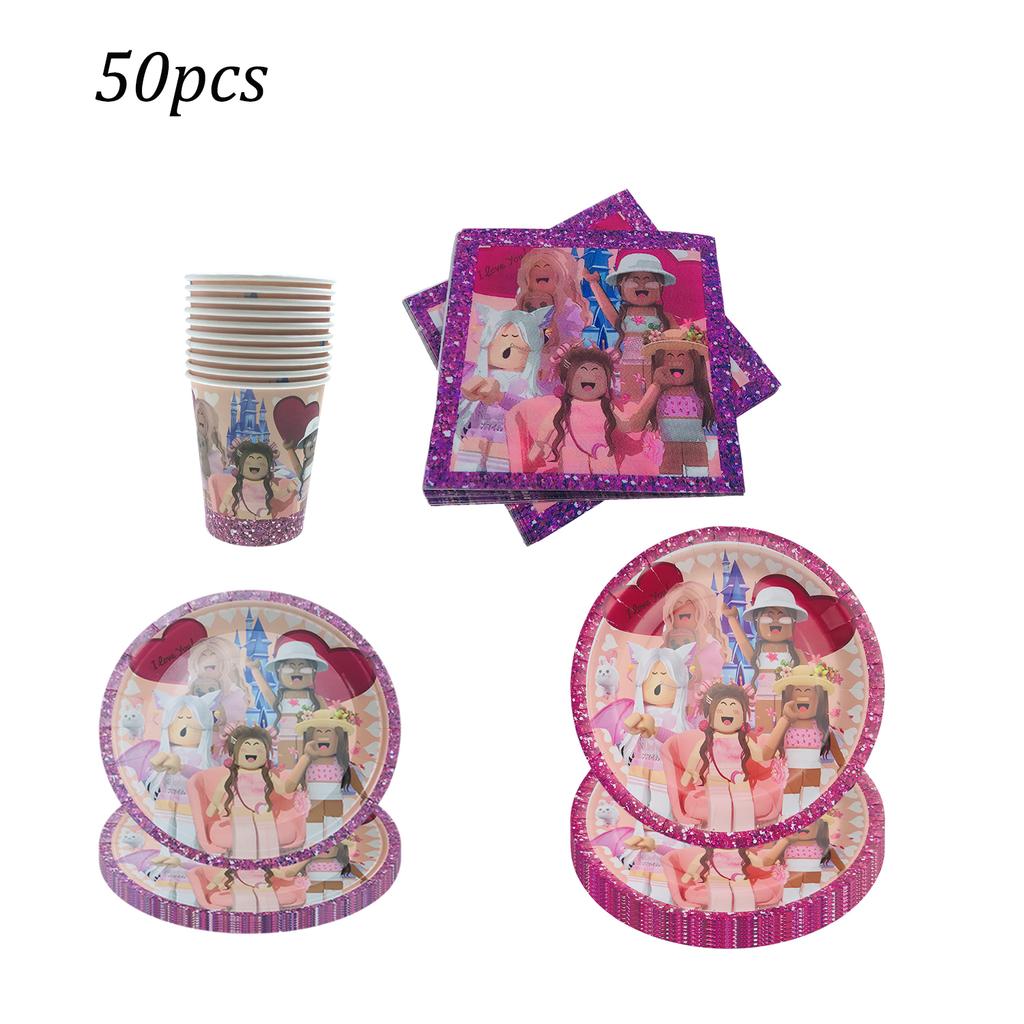 Pink Robloxed Theme Birthday Party Decorations Tableware Set Balloons Cups Plates Banner Backdrop Girls Baby Shower Supplies for Round Sensory 3