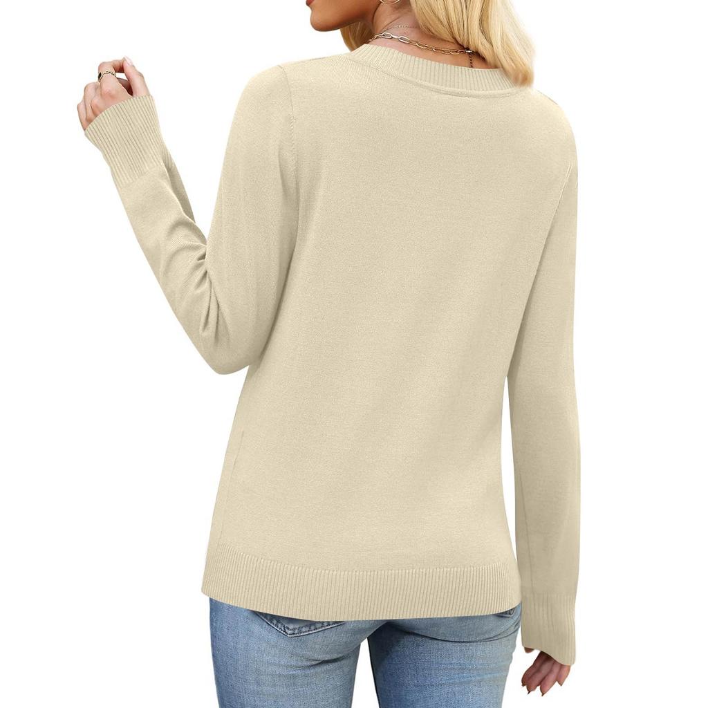 Women's Fashionable Casual V Neck Solid Color Long Sleeve Top