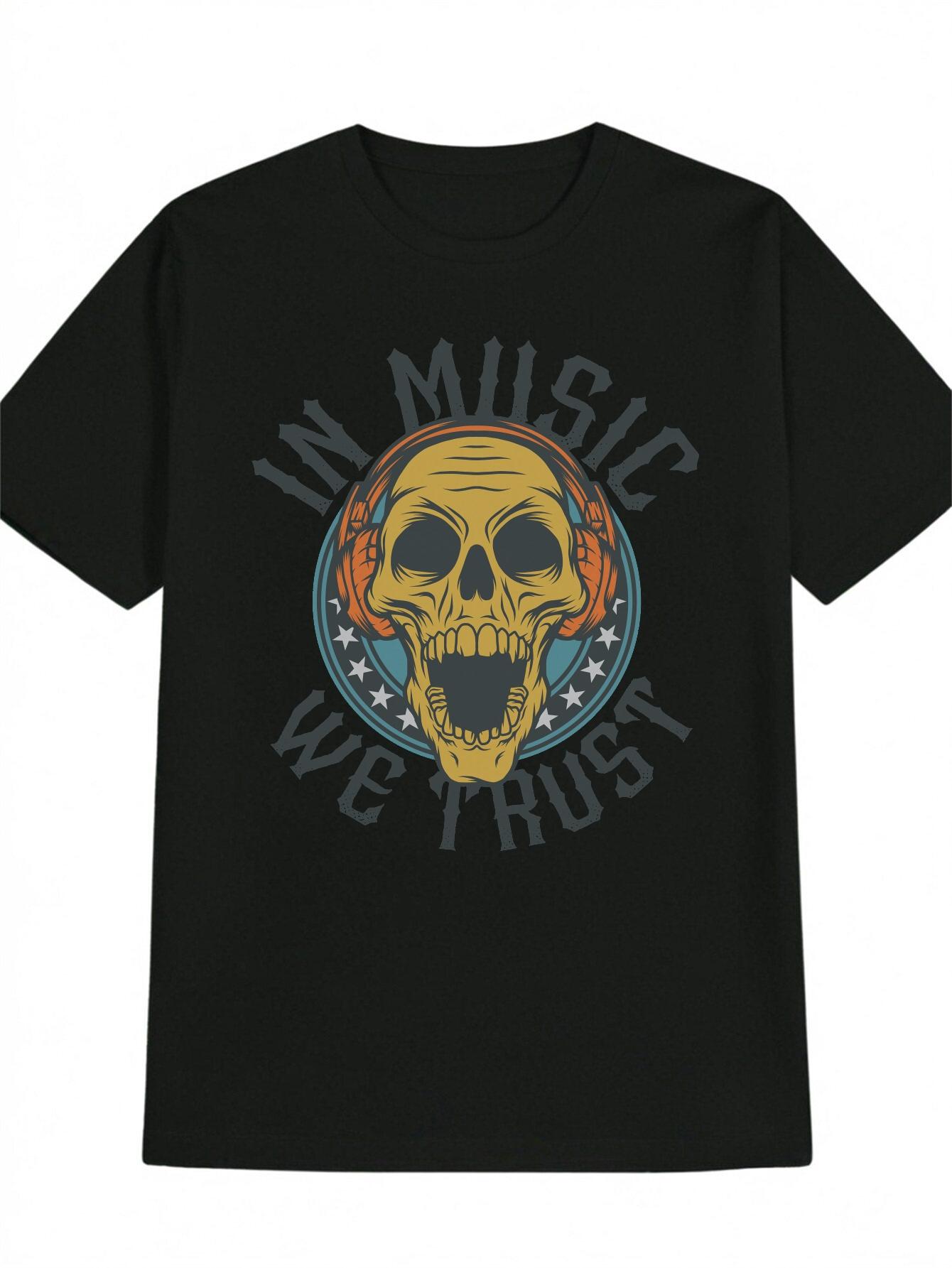 

Casual Skull Graphic T-shirt - Yellow Skeleton with Orange Headphones XXXL