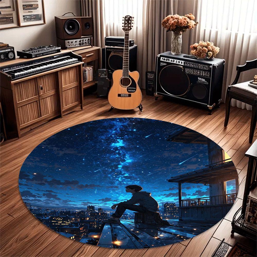 Round Cosmic Anime Pattern Flannel Rug Printed Design Modern Art Decor Soft Anti Slip Carpet For Living Room And Meditation Area
