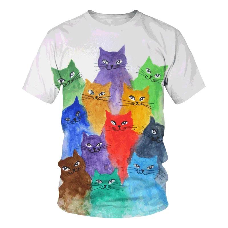 Childish Fun Men Women Short Sleeved Casual Loose Top Brief Strokes Cat Pattern Men's T-shirt Summer Round Neck Sportswear Tops