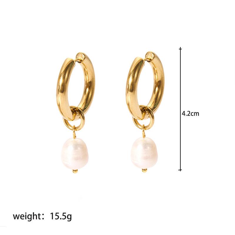 Pearl Drop Earrings For Women Gold Color Stainless Steel Freshwater Pearl Hoop Ear Accessory