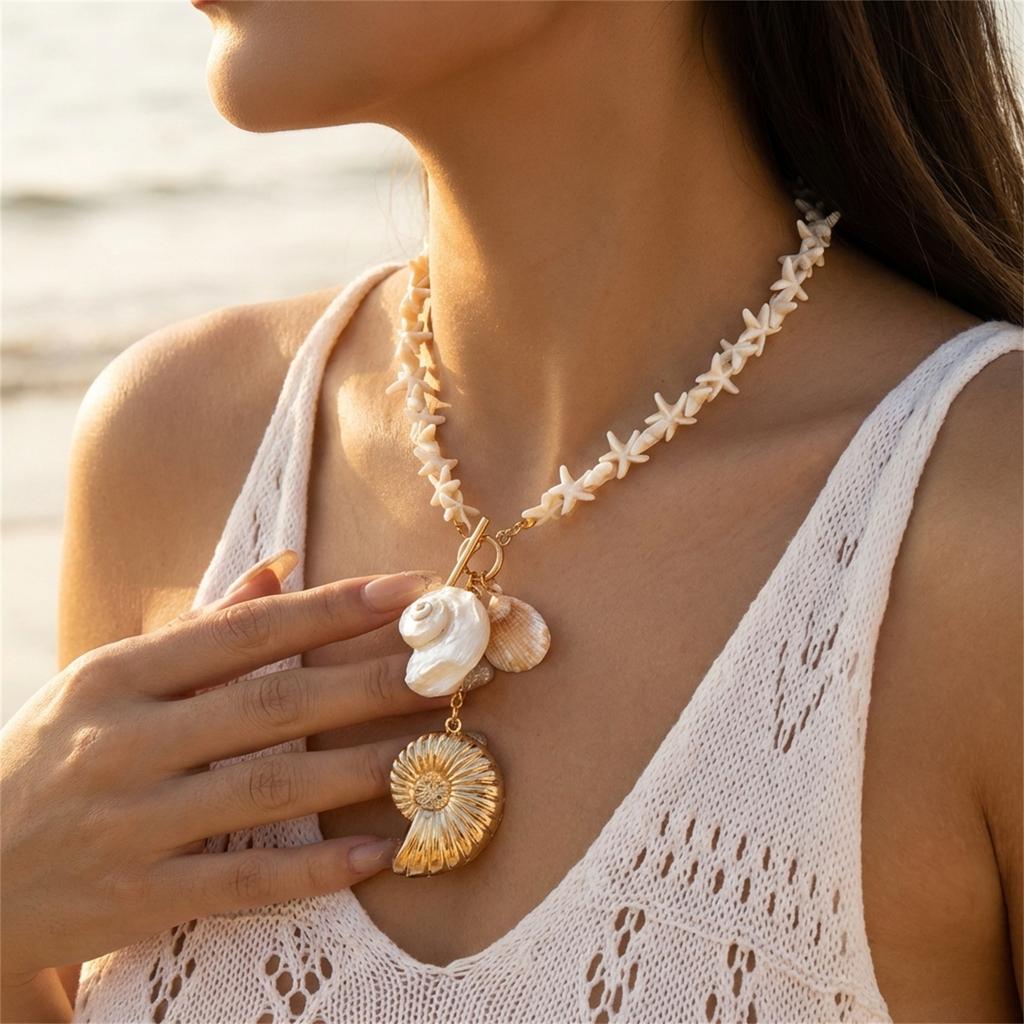 Boho Exaggerated Big Scallop Conch Shell Pendant Necklace for Women Summer Beach Pearl Starfish Chain Choker Ocean Neck Jewelry