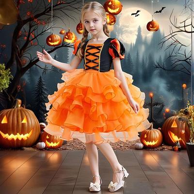 2025 Kids' Halloween Pumpkin Princess Cosplay Dress
