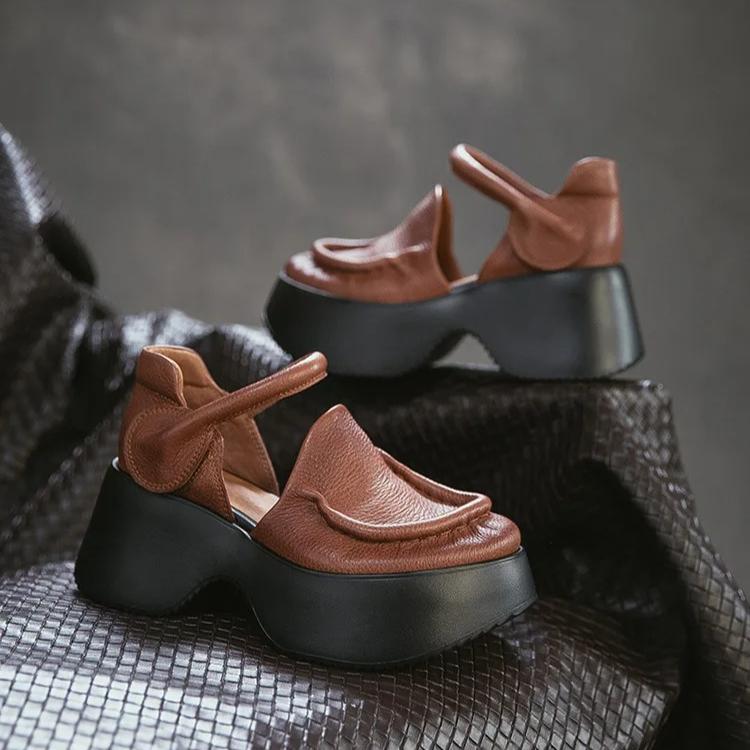 Johnature Genuine Leather Thick Soled Sandals Retro Round Toe Thick Heel Women's Platform Shoes