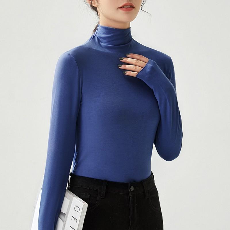 Women Bottoming Tshirt Autumn Winter Mock Neck Slim Tee Shirt Solid Basic All Match Tops Undershirt