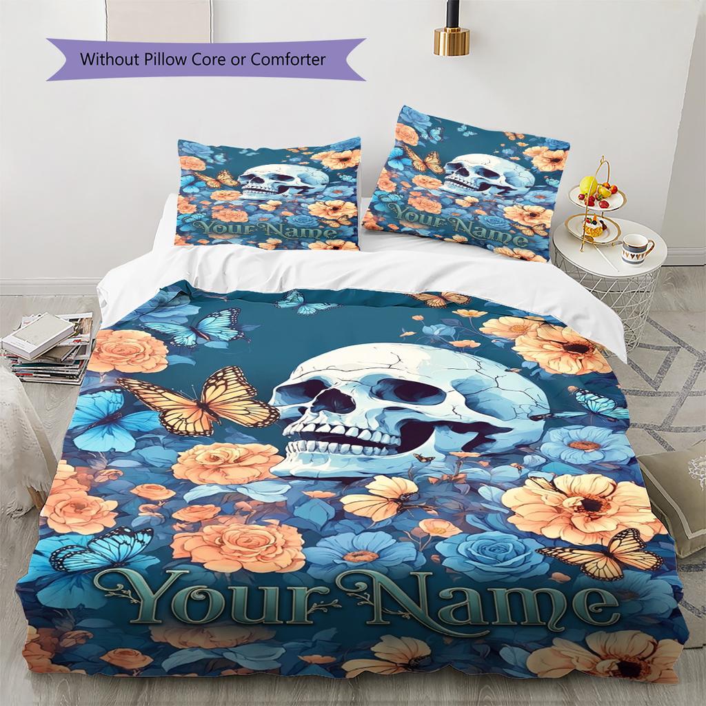 Name Custom Skull and Butterfly Pattern Bedding Set Quilt Cover Pillowcase Home Decor Gift (1 * duvet cover + 2 * pillowcase, without core)