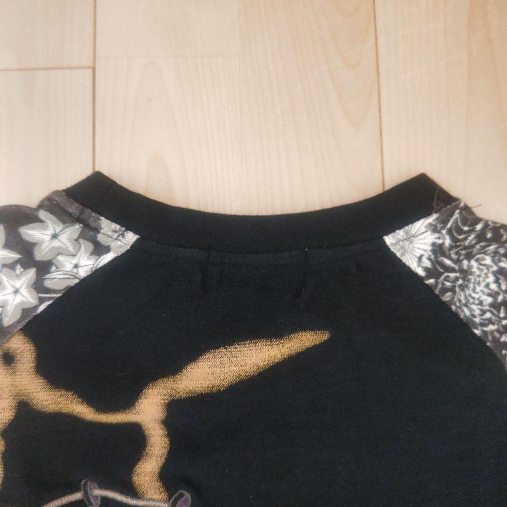 Used New Karakuri Tamashii Japanese Pattern Raijin Fujin Embroidery Raglan 3-Pocket T-Shirt Black
