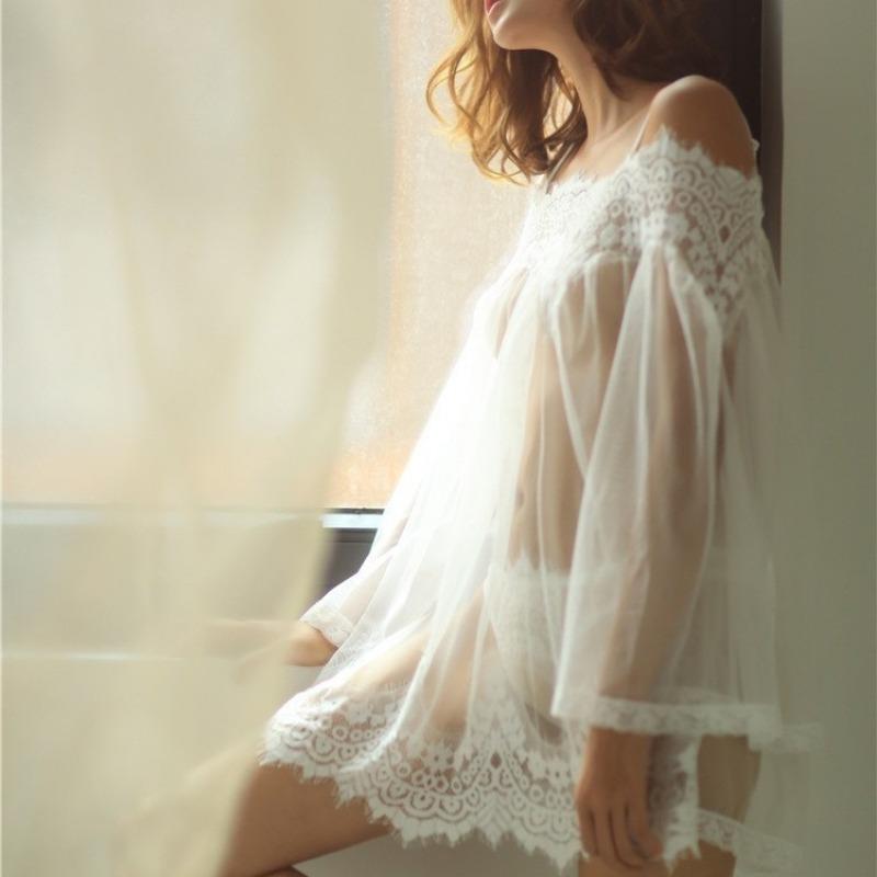 New Sexy Pure Shoulder Lace Perspective Mesh Flirting Suspender Sex Underwear Set