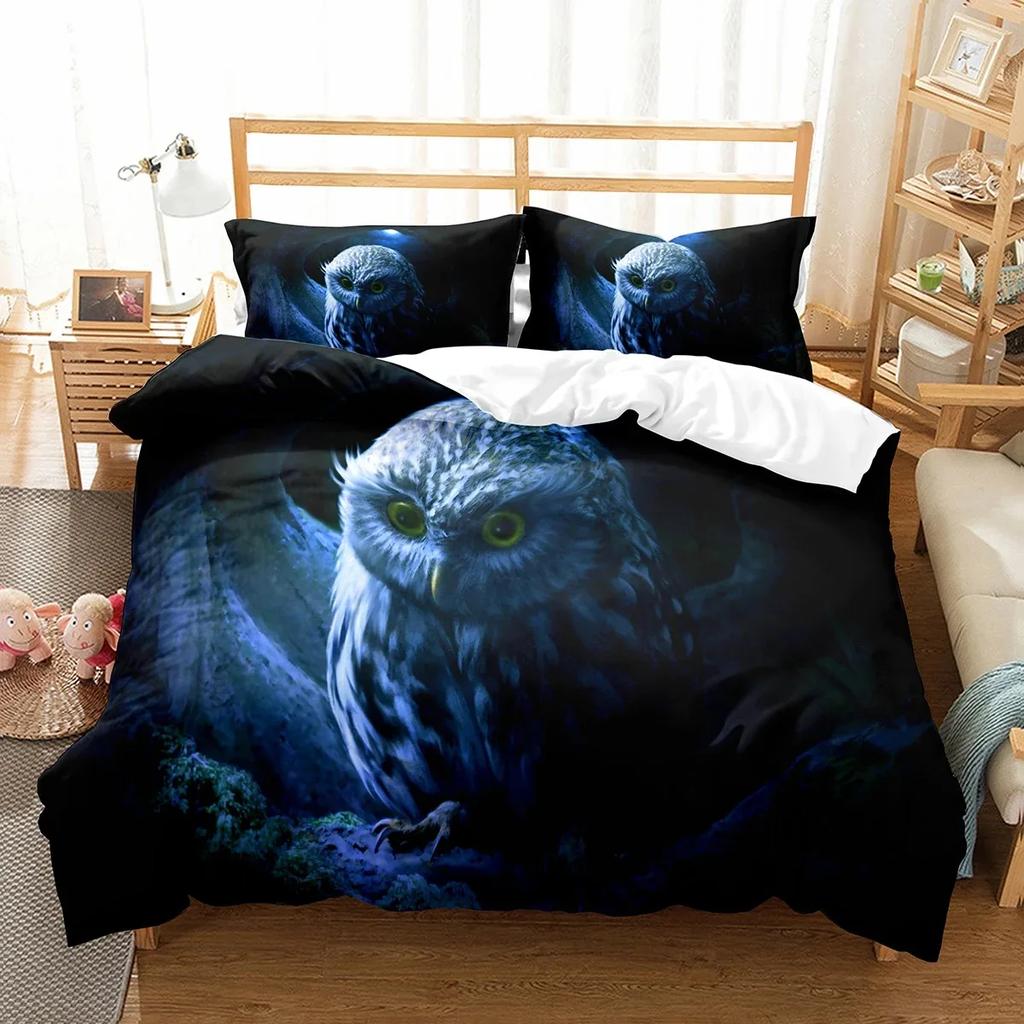 Eulen Bettbezug Set Niedlicher Vogel Polyester Bettdeckenbezug für Jungen Mädchen Kinder Bettwäsche Set King Size Bettdeckenbezug mit Kissenbezug