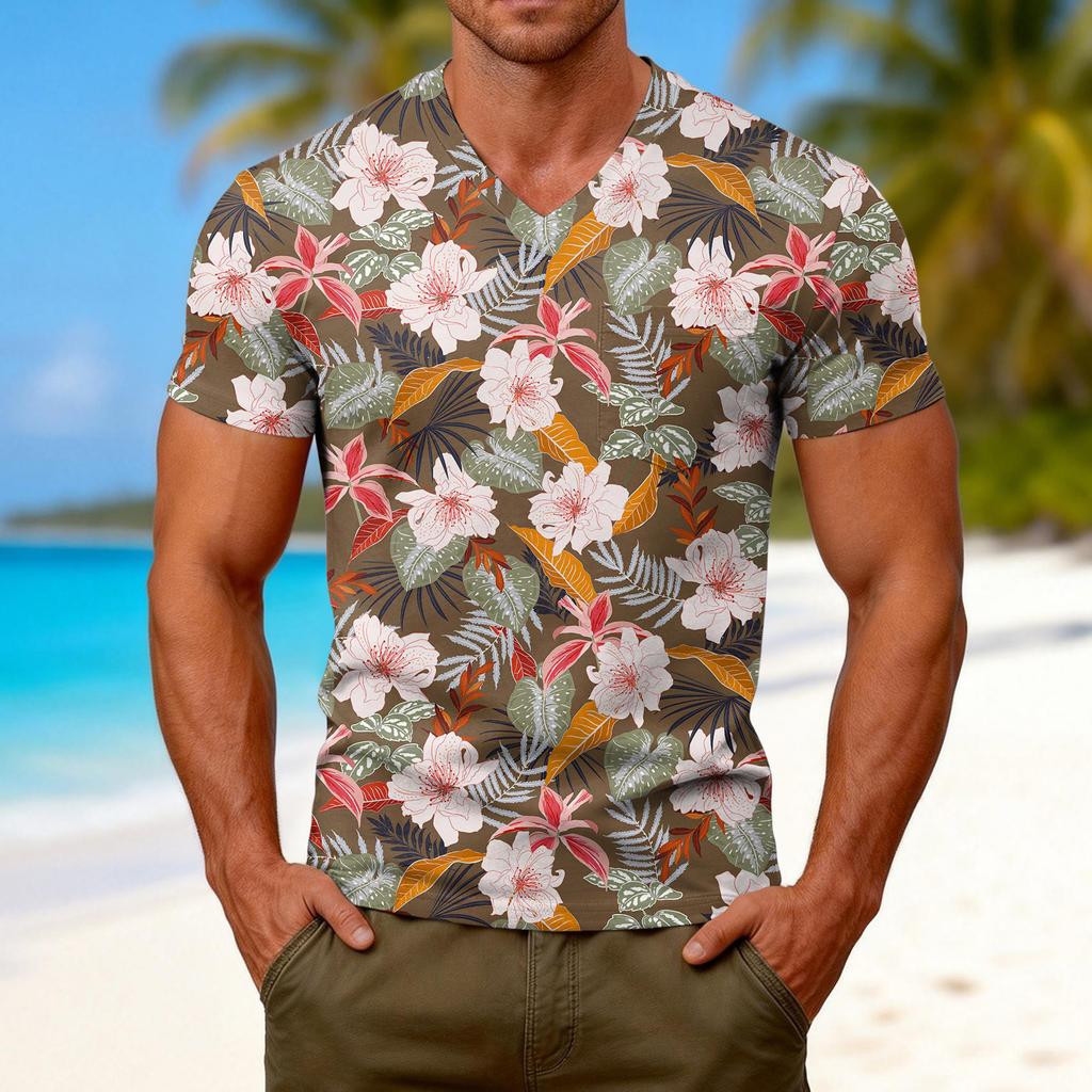 Herenmode T-shirt met V-hals en korte mouwen en print