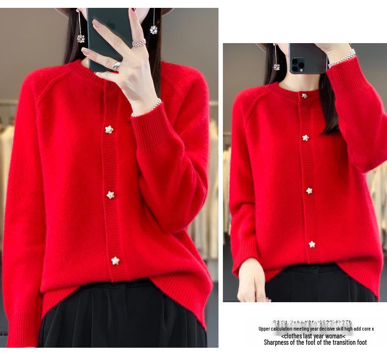 2023 Fall/Winter Women's Wool Cardigan: Stylish Round Neck, Loose Fit, Versatile Knitwear, Long Sleeve Sweater