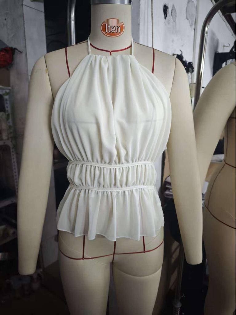 2026 Chiffon Pleated Halter Top with Open Back Lace-up Design